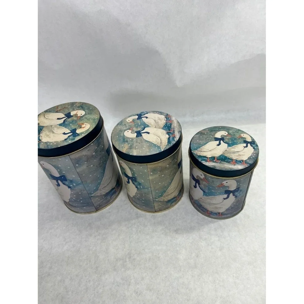 Vintage Country Goose Nesting Kitchen Canisters Set of 3 Blue Bow Winter Tins